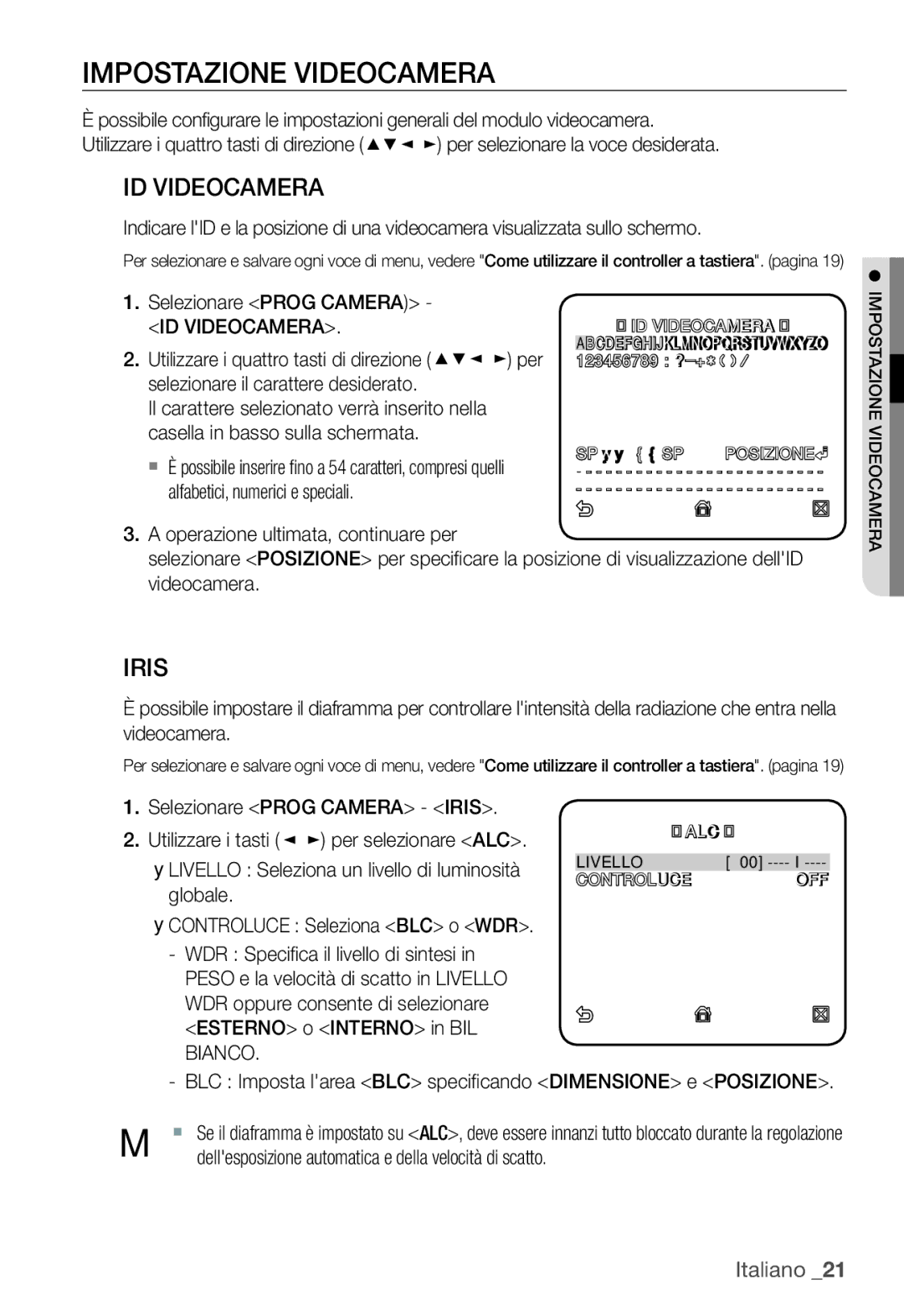 Samsung SNC-B5368P manual Impostazione Videocamera, ID Videocamera, Iris 