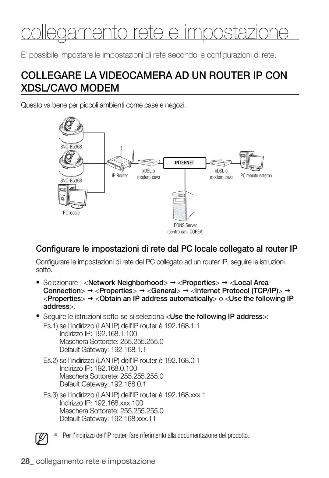 Samsung SNC-B5368P manual Collegare LA Videocamera AD UN Router IP CON XDSL/CAVO Modem 