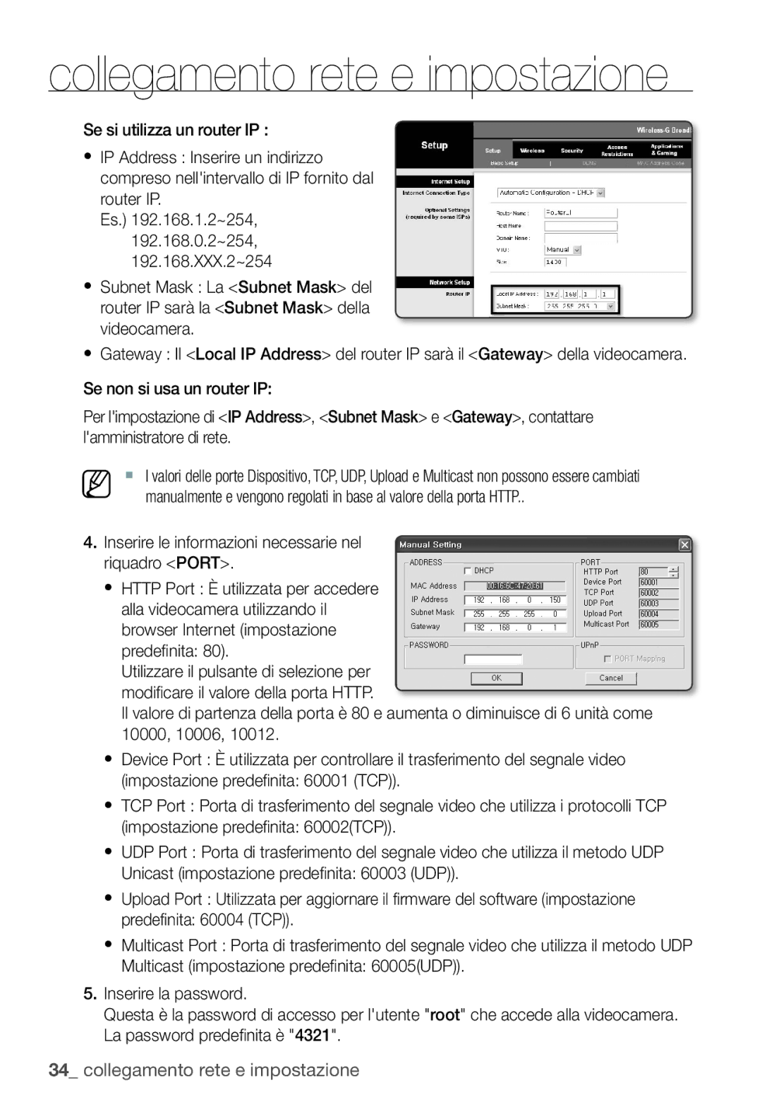 Samsung SNC-B5368P manual Collegamento rete e impostazione 