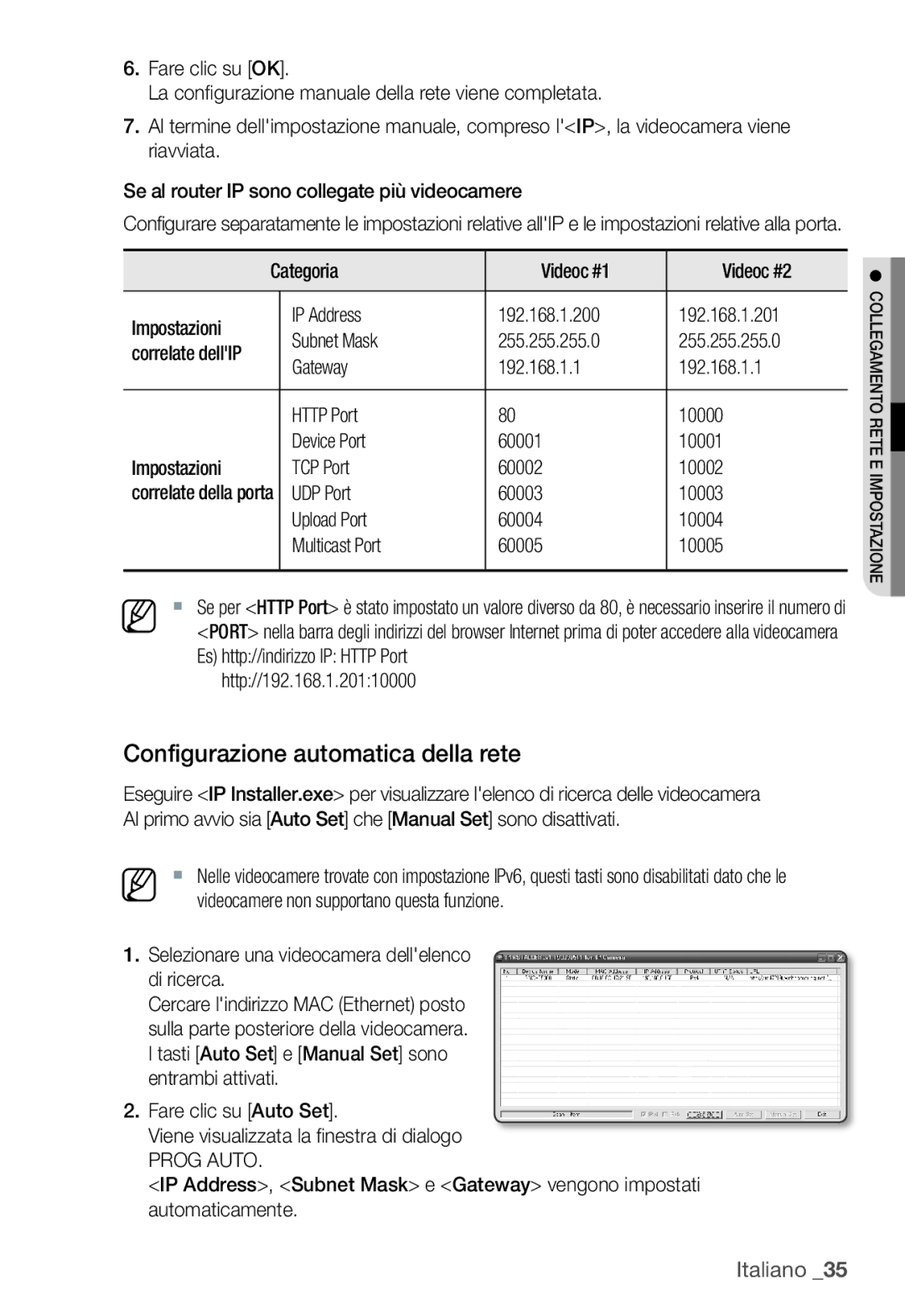 Samsung SNC-B5368P manual Configurazione automatica della rete, Http//192.168.1.20110000, Prog Auto 