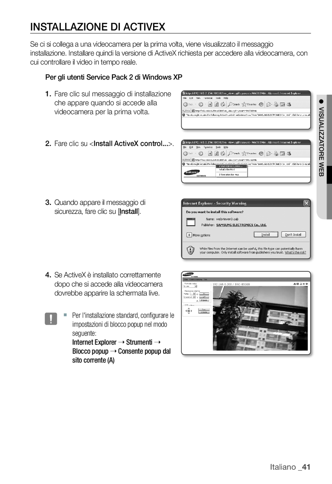 Samsung SNC-B5368P manual Installazione DI Activex, Fare clic su Install ActiveX control 