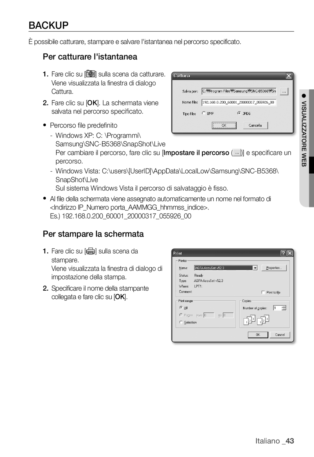 Samsung SNC-B5368P Backup, Per catturare listantanea, Per stampare la schermata, Fare clic su sulla scena da stampare 