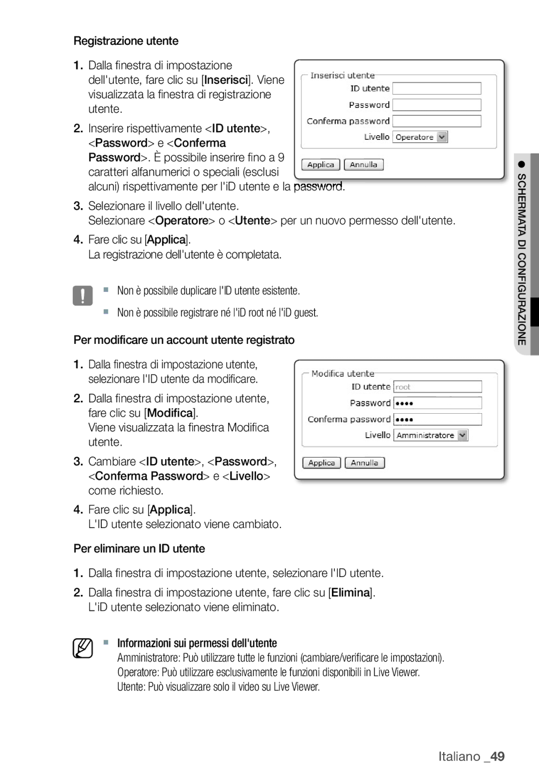 Samsung SNC-B5368P manual Utente Può visualizzare solo il video su Live Viewer 