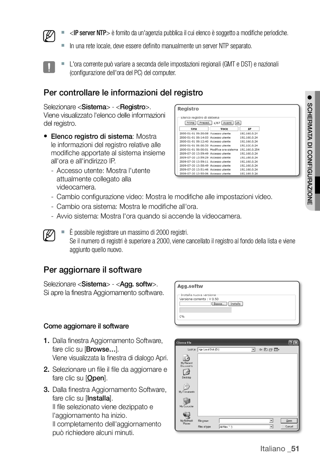 Samsung SNC-B5368P manual Per controllare le informazioni del registro, Per aggiornare il software, Aggiunto quello nuovo 