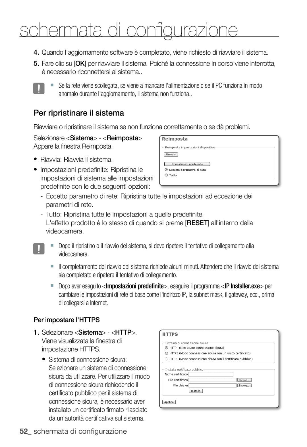 Samsung SNC-B5368P manual Per ripristinare il sistema, Per impostare lHTTPS 