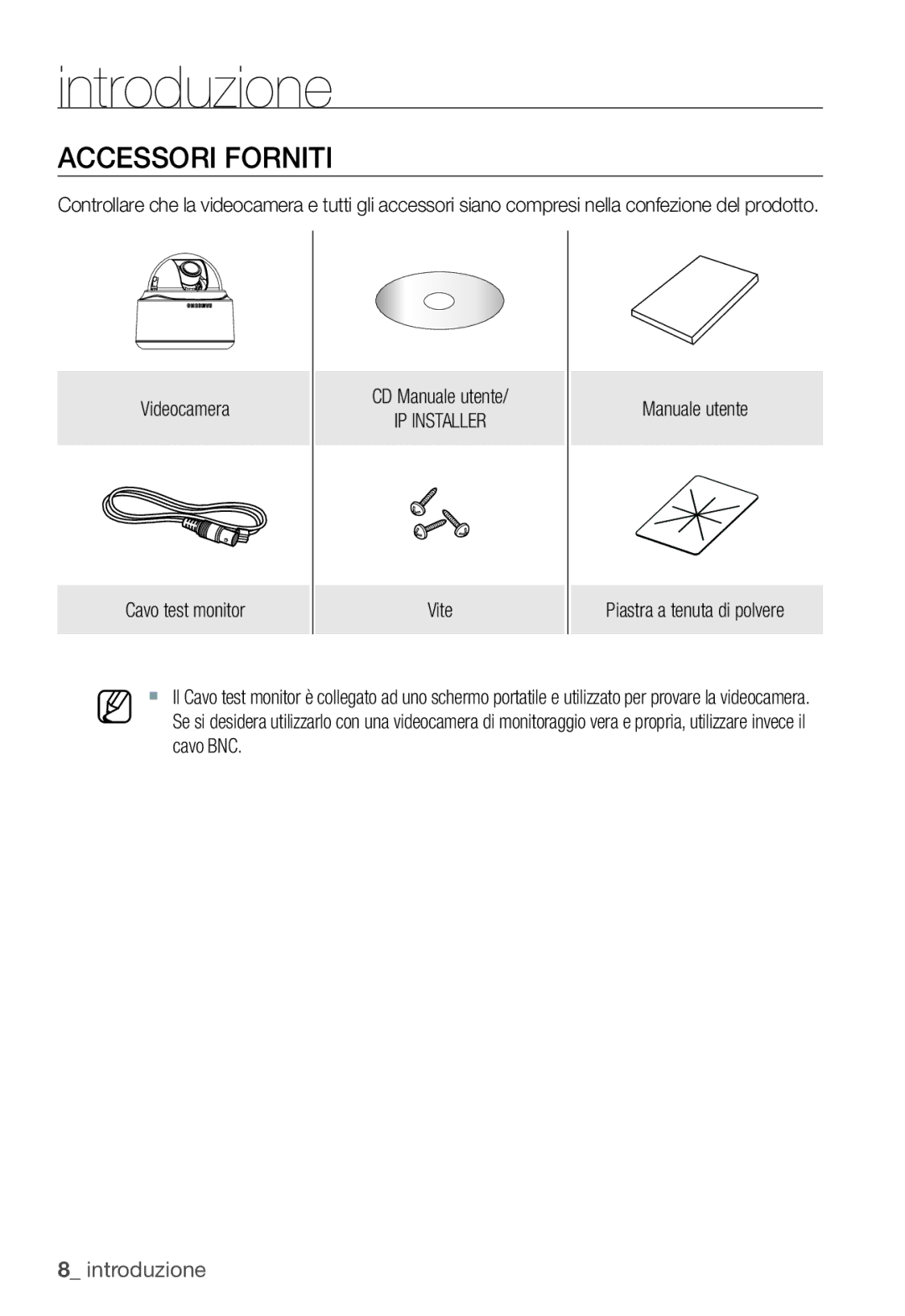 Samsung SNC-B5368P manual Accessori Forniti, Videocamera Cavo test monitor CD Manuale utente, IP Installer 