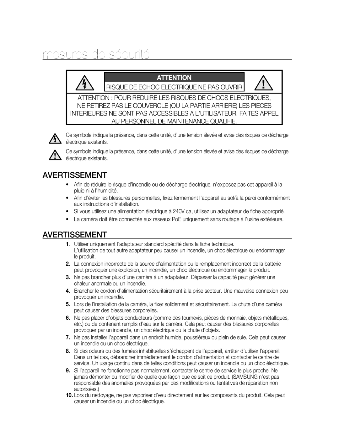 Samsung SNC-B5395P manual Mesures de sécurité, Avertissement 