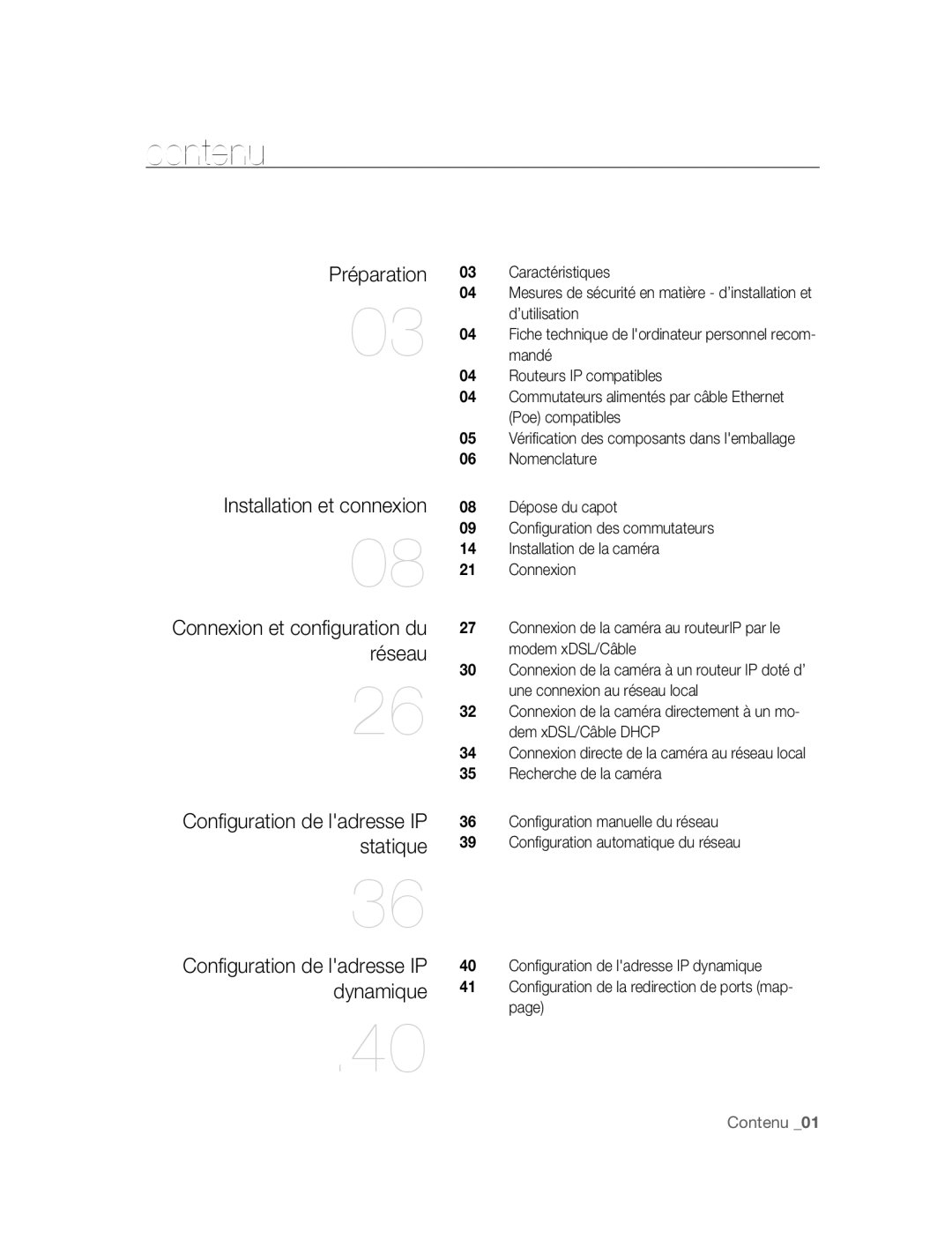 Samsung SNC-B5395P manual Contenu, Préparation, Installation et connexion, Connexion et configuration du réseau 