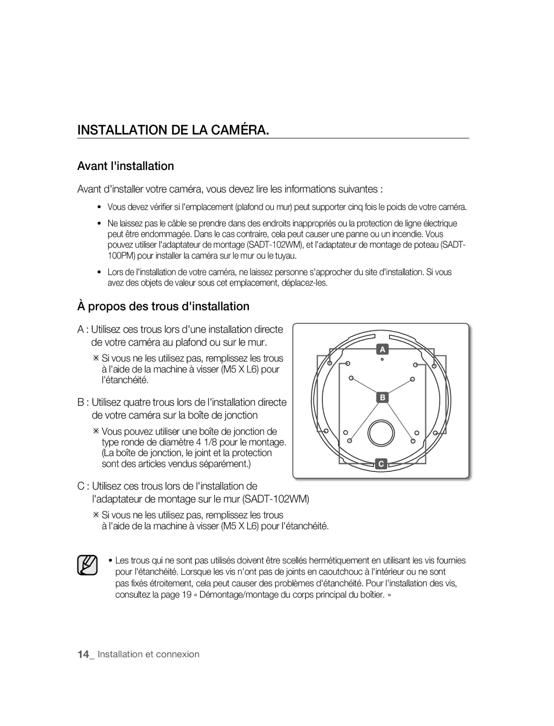 Samsung SNC-B5395P manual Installation DE LA Caméra, Avant linstallation, Propos des trous dinstallation 