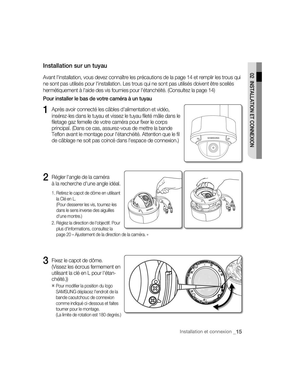 Samsung SNC-B5395P manual Installation sur un tuyau, Pour installer le bas de votre caméra à un tuyau 