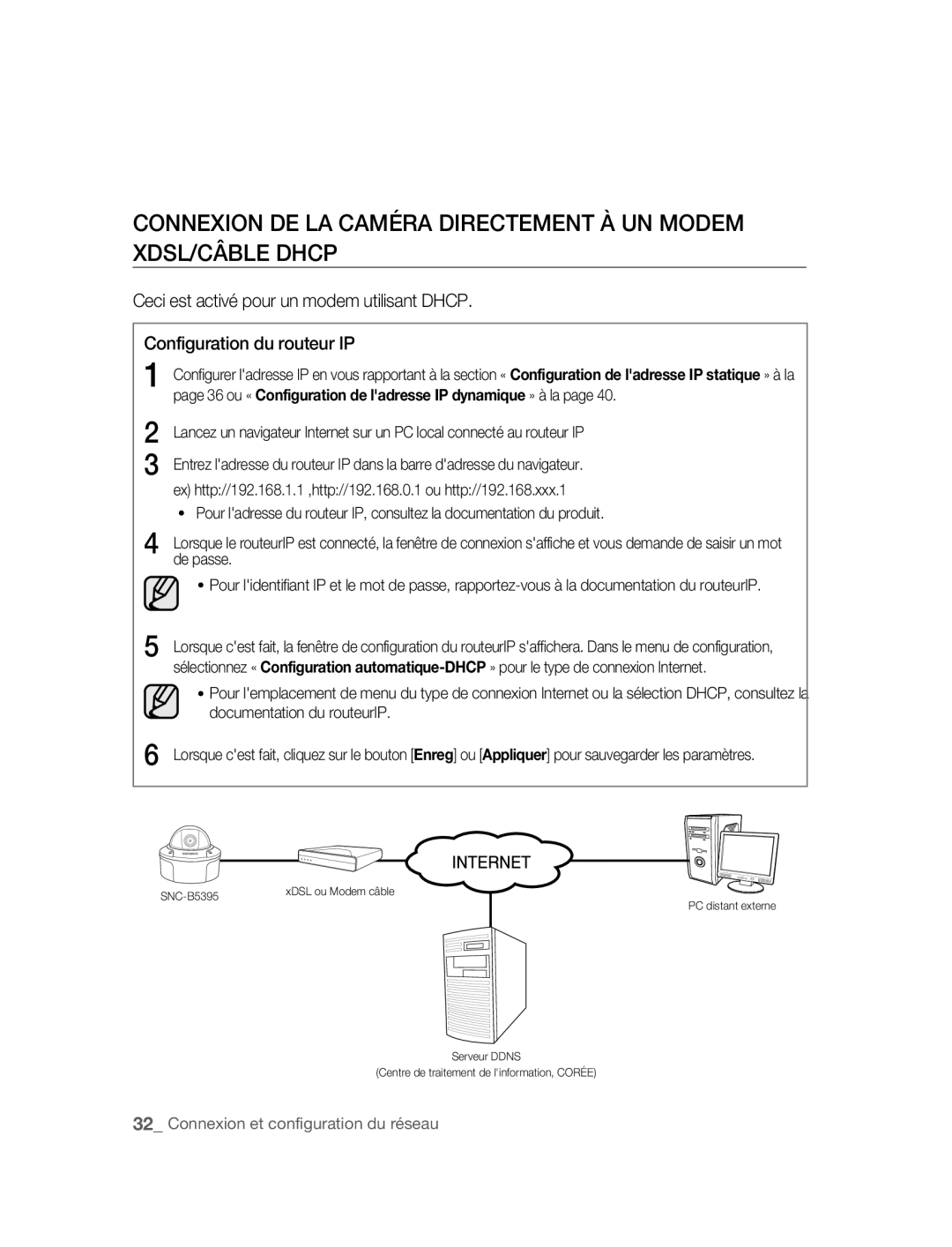 Samsung SNC-B5395P manual 36 ou « Configuration de ladresse IP dynamique » à la, De passe 