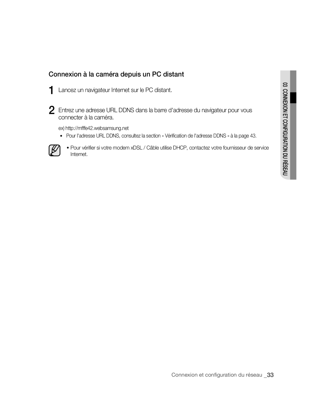 Samsung SNC-B5395P manual Connexion à la caméra depuis un PC distant, Ex http//mfffe42.websamsung.net 