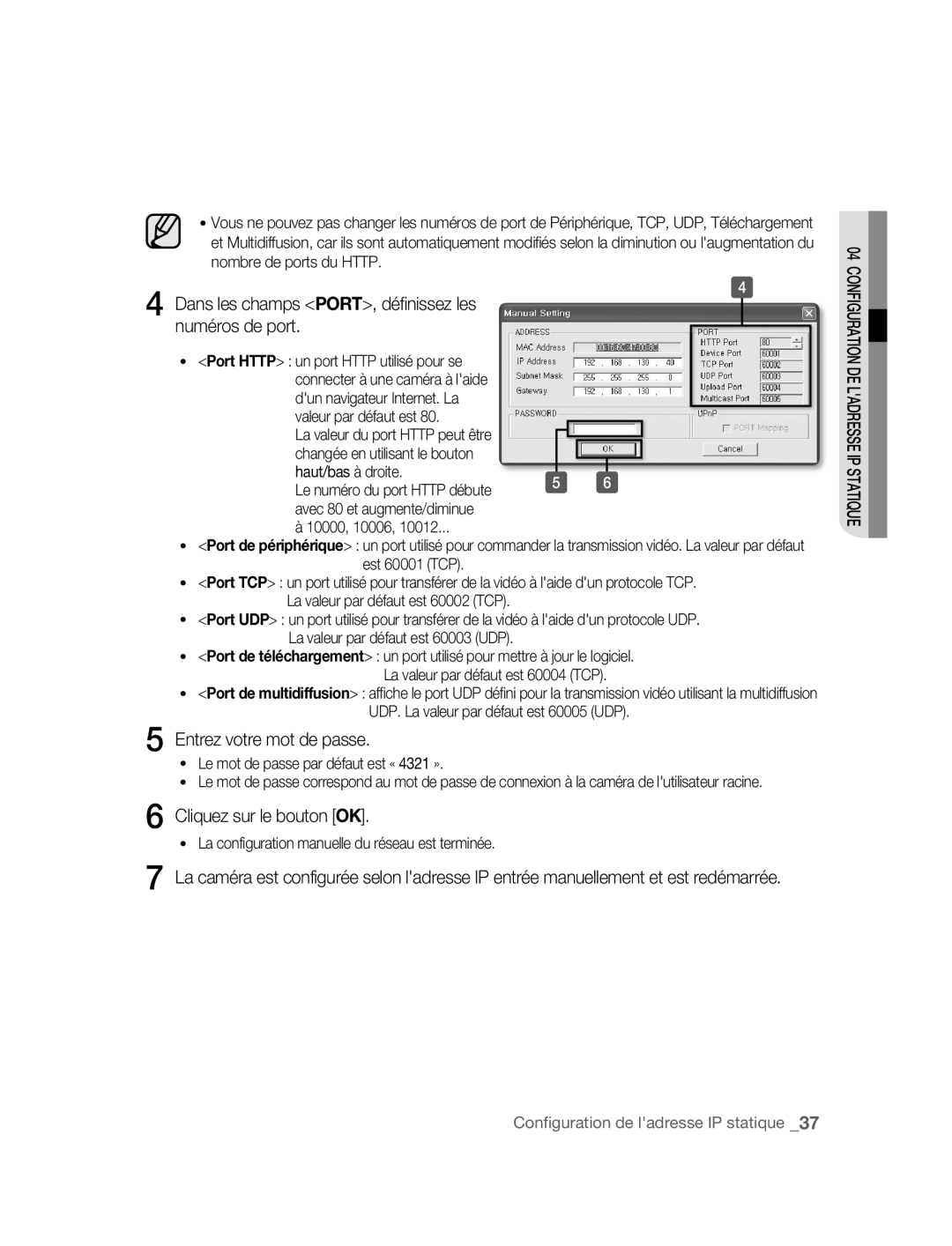 Samsung SNC-B5395P manual Dans les champs PORT, définissez les Numéros de port, Entrez votre mot de passe 