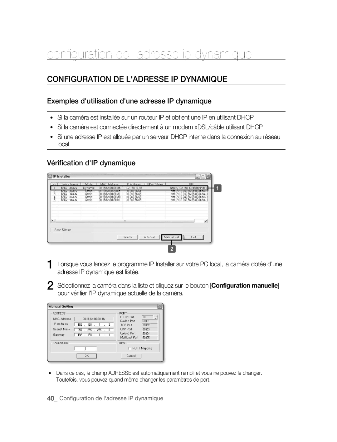 Samsung SNC-B5395P manual Configuration de ladresse ip dynamique, Configuration DE Ladresse IP Dynamique 