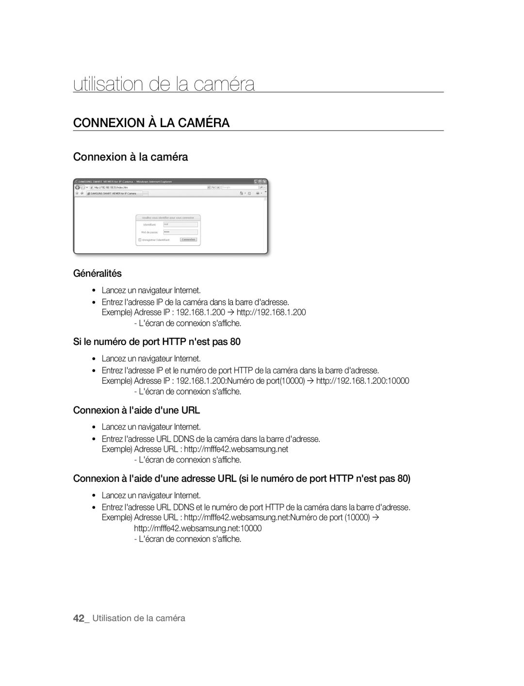 Samsung SNC-B5395P manual Utilisation de la caméra, Connexion À LA Caméra, Connexion à la caméra 