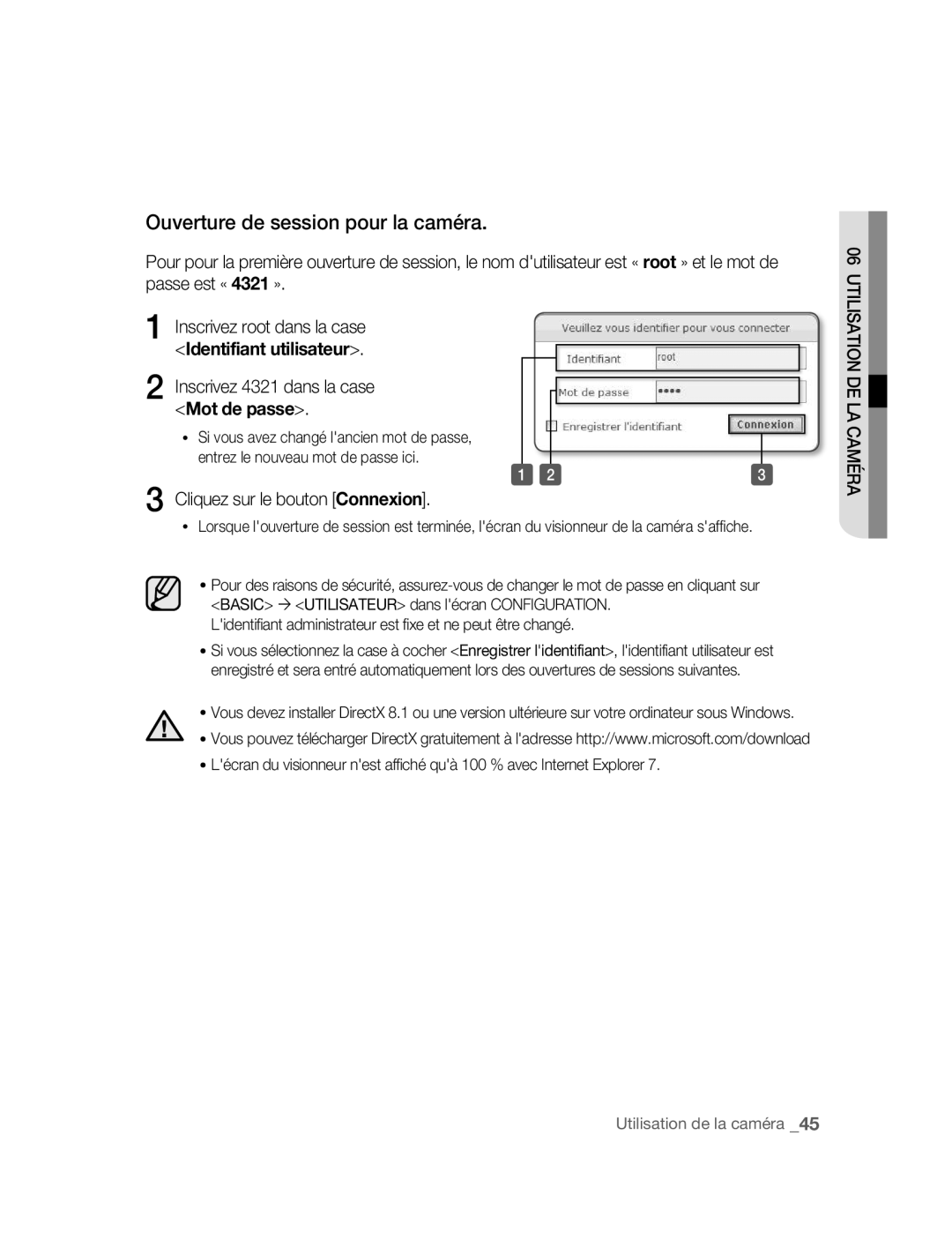 Samsung SNC-B5395P manual Ouverture de session pour la caméra, Inscrivez 4321 dans la case Mot de passe 