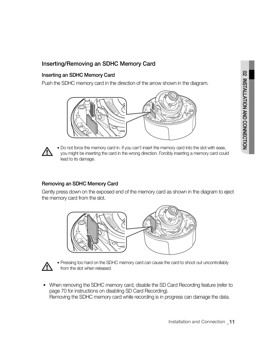 Samsung SNC-B5395P manual Inserting/Removing an SdhC Memory Card 