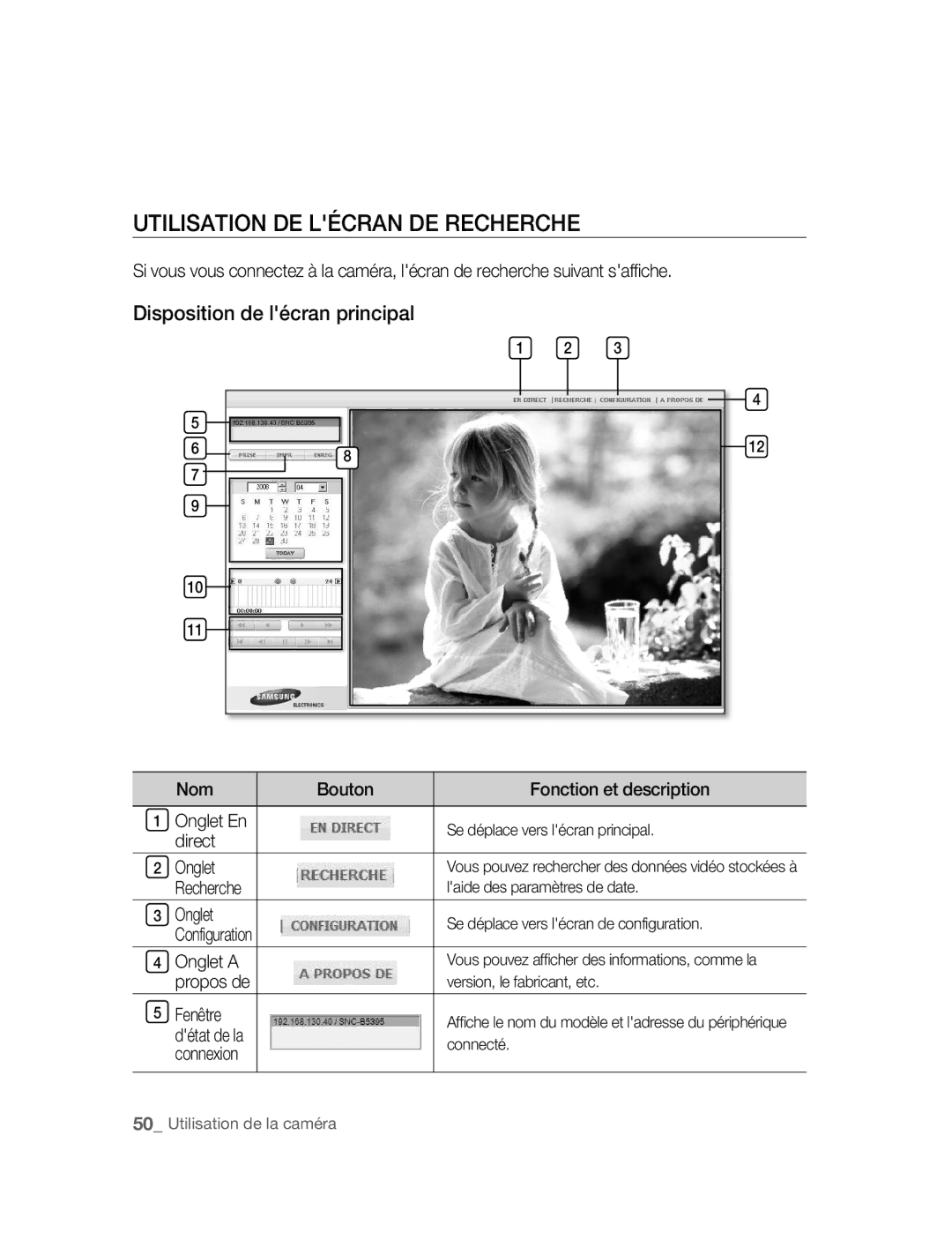 Samsung SNC-B5395P manual Utilisation DE Lécran DE Recherche, Nom Bouton Fonction et description Onglet En, Direct Onglet 