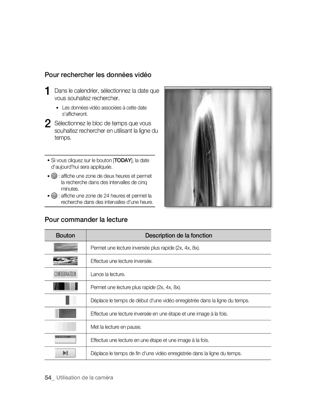 Samsung SNC-B5395P manual Pour rechercher les données vidéo, Pour commander la lecture, Description de la fonction 