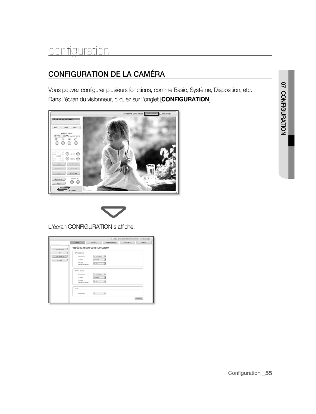 Samsung SNC-B5395P manual Configuration DE LA Caméra, Lécran Configuration saffiche 