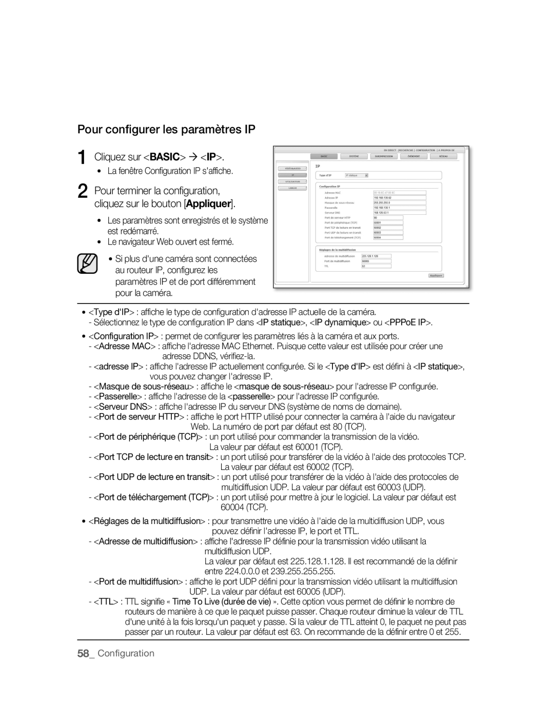 Samsung SNC-B5395P manual Pour configurer les paramètres IP, Cliquez sur Basic IP 