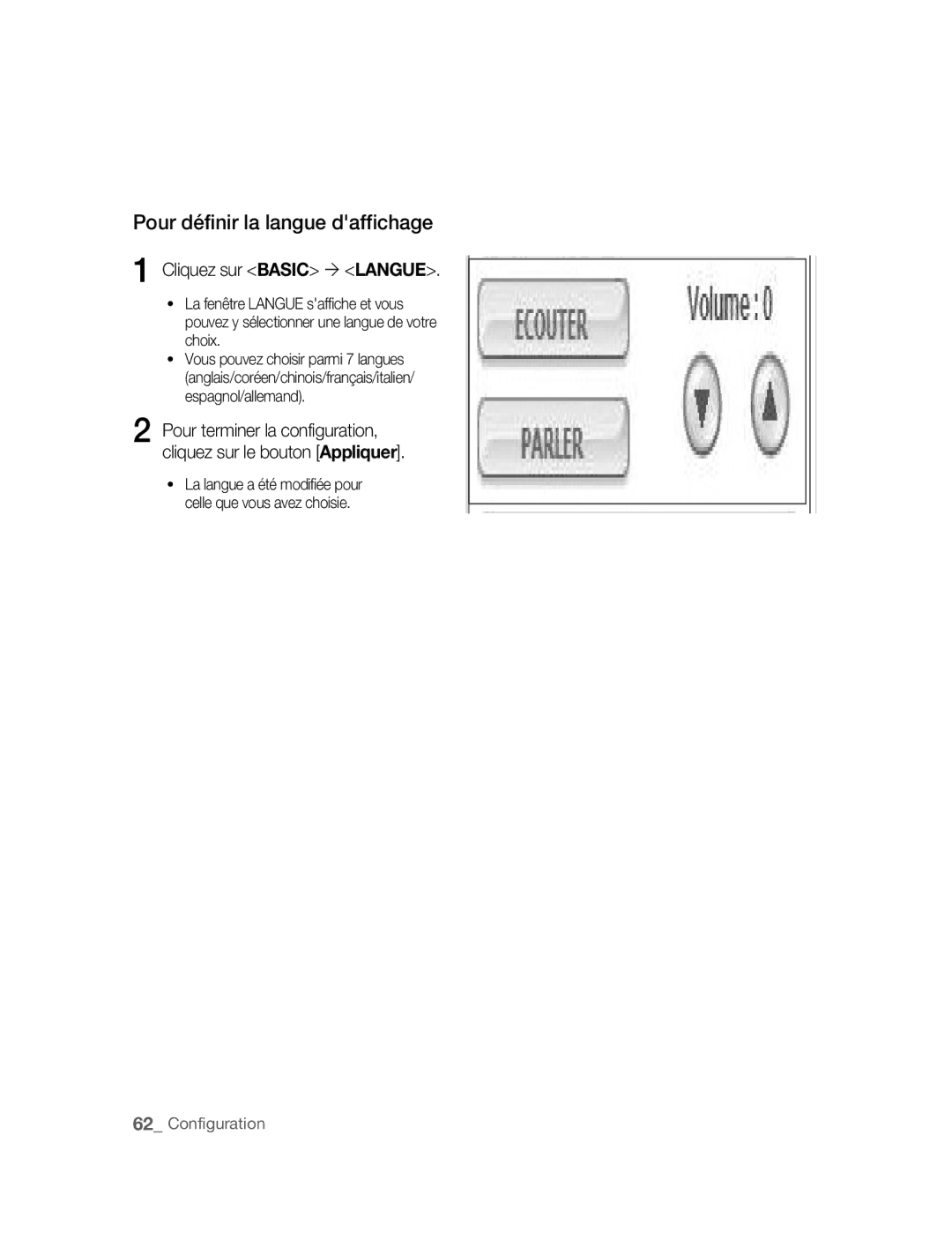 Samsung SNC-B5395P manual Pour définir la langue daffichage, Cliquez sur Basic ´ Langue 