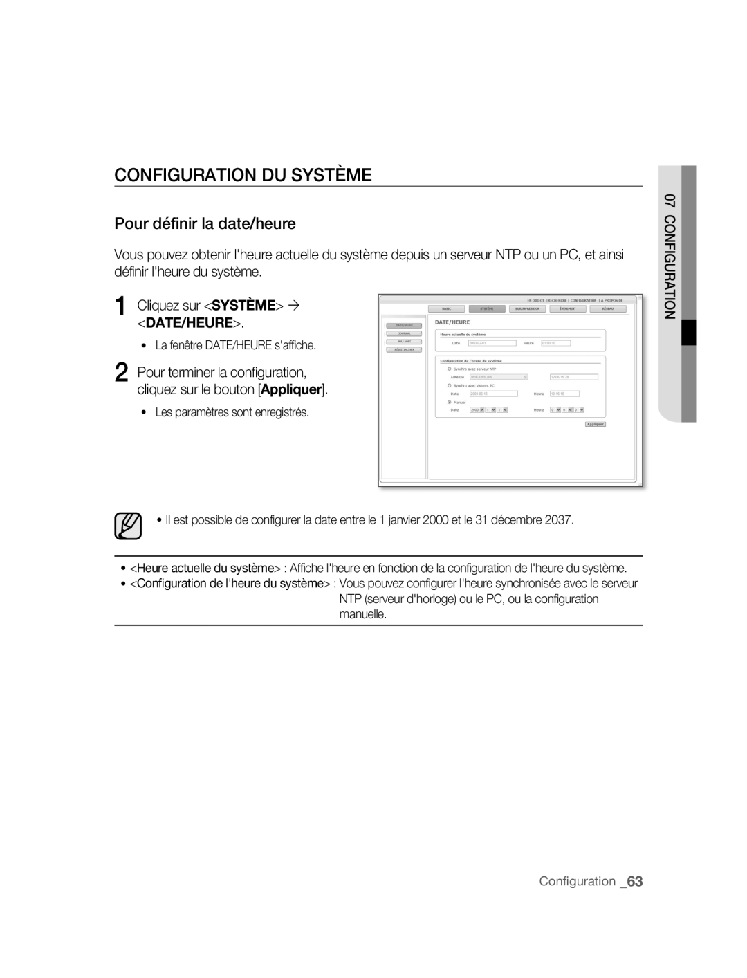 Samsung SNC-B5395P manual Configuration DU Système, Pour définir la date/heure 