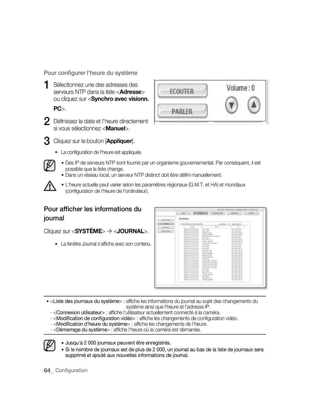 Samsung SNC-B5395P manual Pour afficher les informations du journal, Cliquez sur Système ´ Journal 