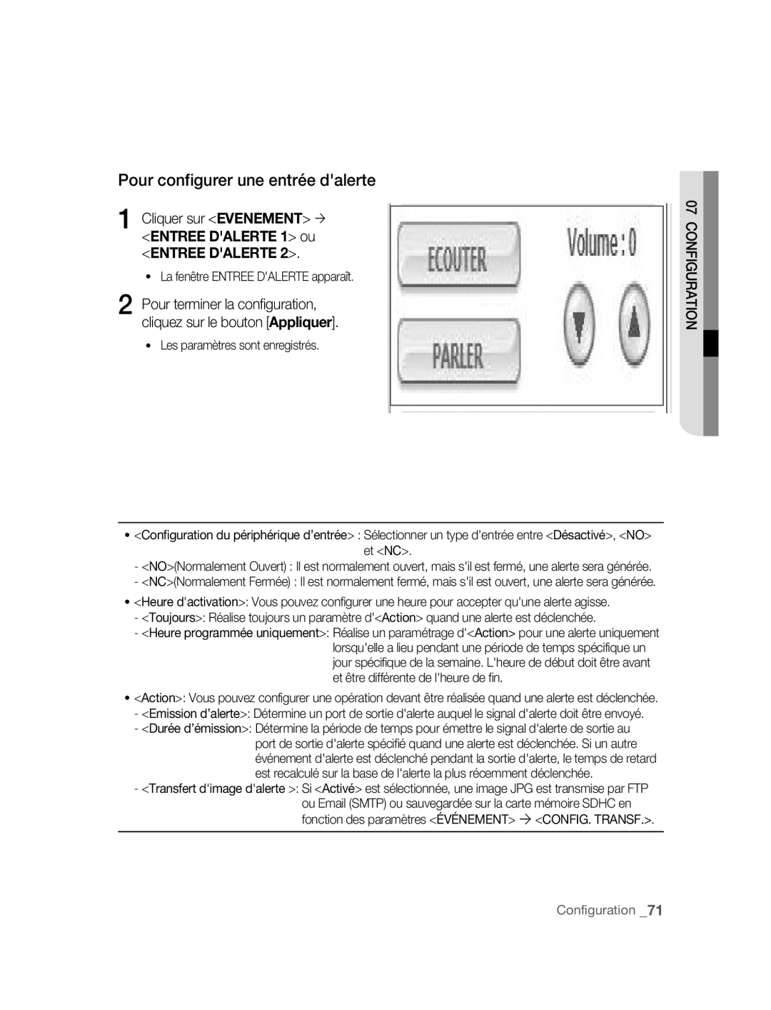 Samsung SNC-B5395P Pour configurer une entrée dalerte, Cliquer sur Evenement ´ Entree Dalerte 1 ou Entree Dalerte, Et NC 