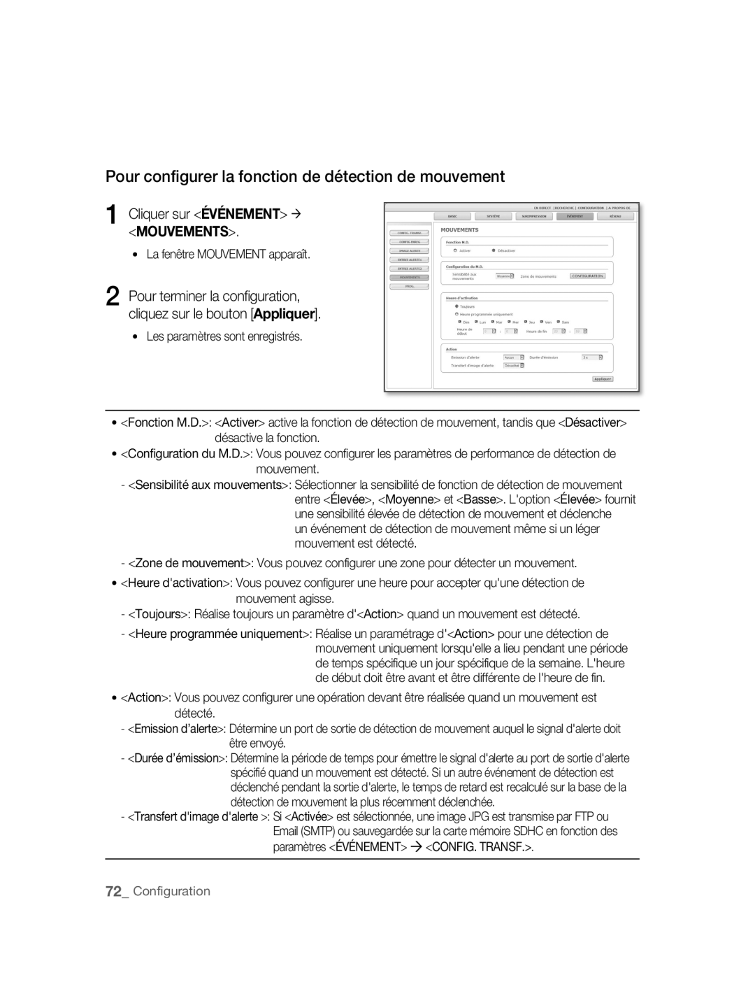 Samsung SNC-B5395P manual Pour configurer la fonction de détection de mouvement, Cliquer sur Événement Mouvements 