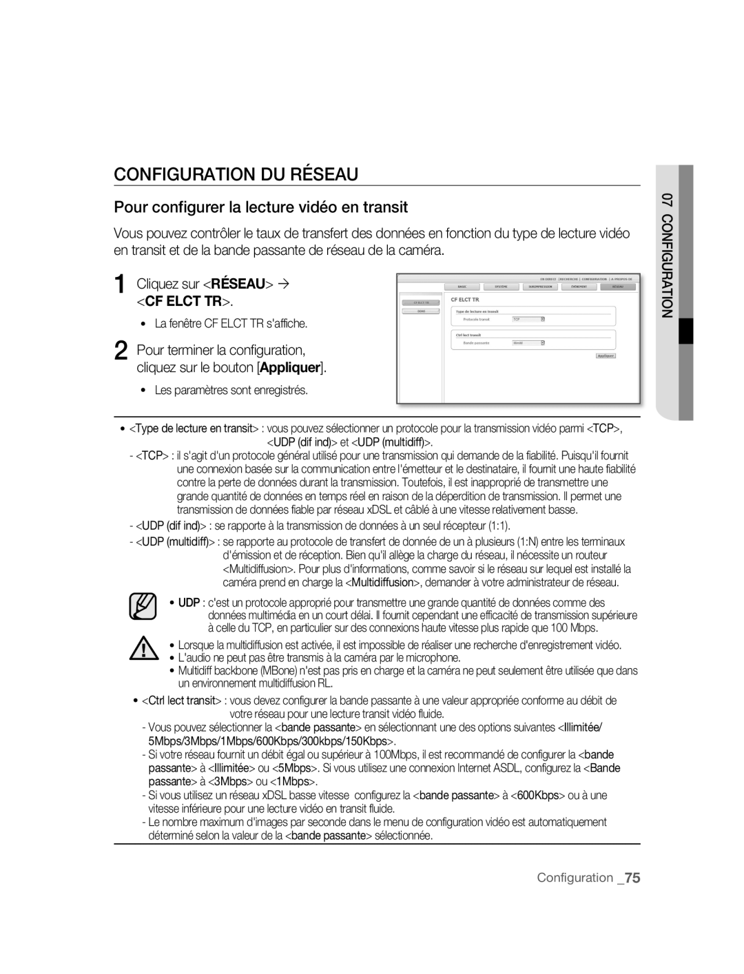 Samsung SNC-B5395P manual Configuration DU Réseau, Pour configurer la lecture vidéo en transit 