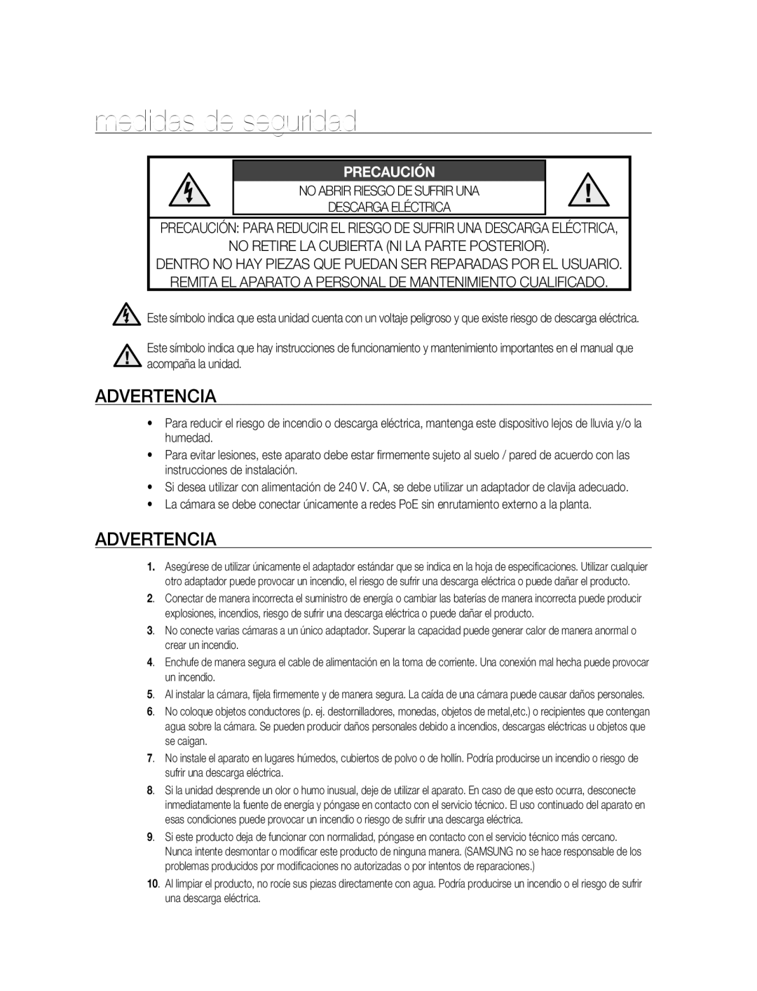 Samsung SNC-B5395P manual Medidas de seguridad, Advertencia 