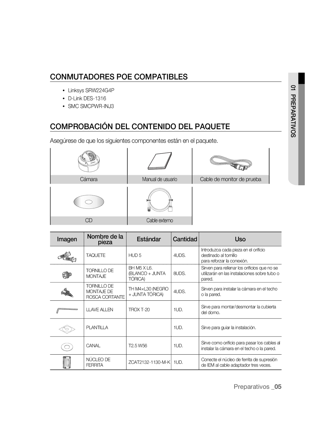 Samsung SNC-B5395P manual Conmutadores POE Compatibles, Comprobación DEL Contenido DEL Paquete 