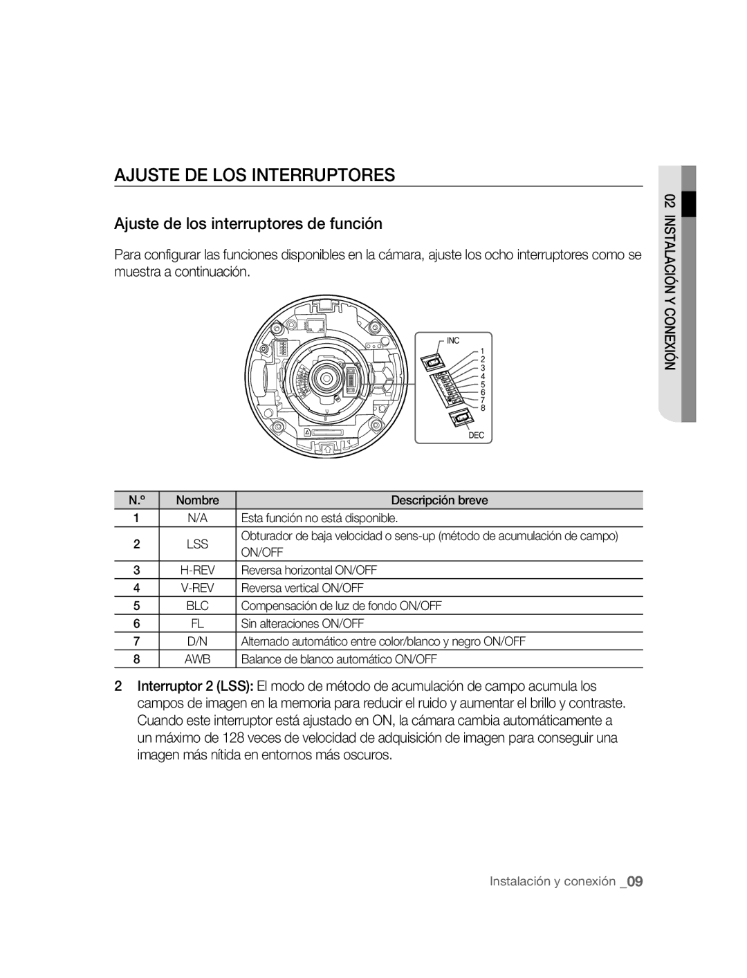 Samsung SNC-B5395P manual Ajuste DE LOS Interruptores, Ajuste de los interruptores de función 