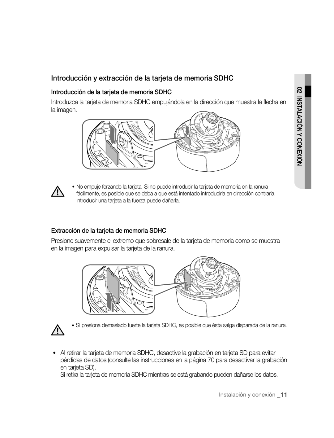 Samsung SNC-B5395P manual Introducción y extracción de la tarjeta de memoria Sdhc 