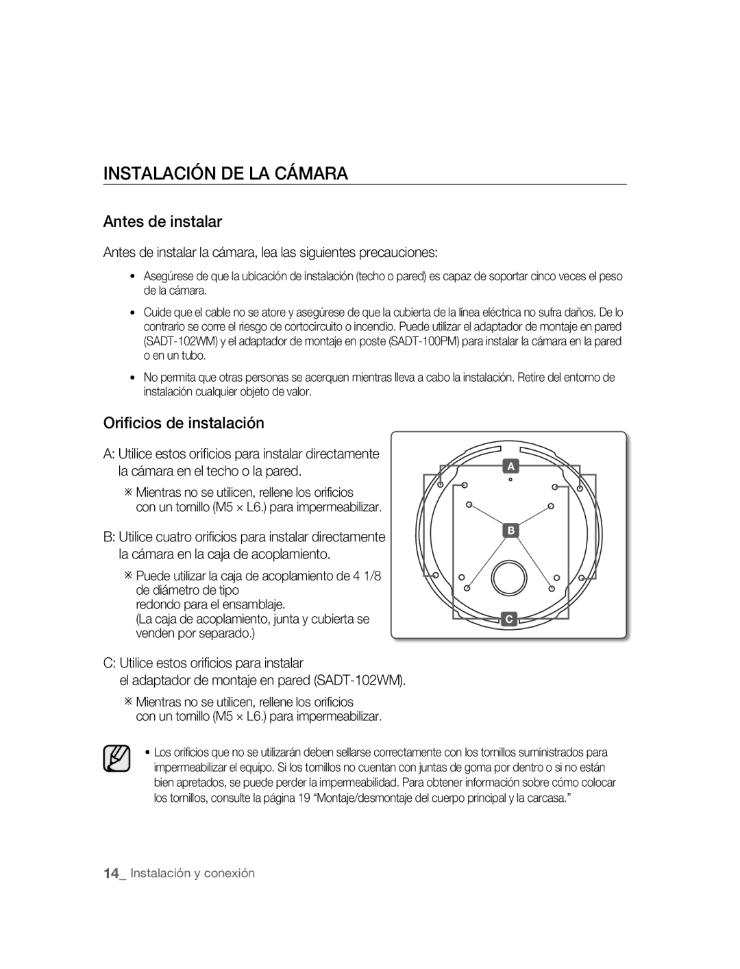 Samsung SNC-B5395P manual Instalación DE LA Cámara, Antes de instalar, Orificios de instalación 