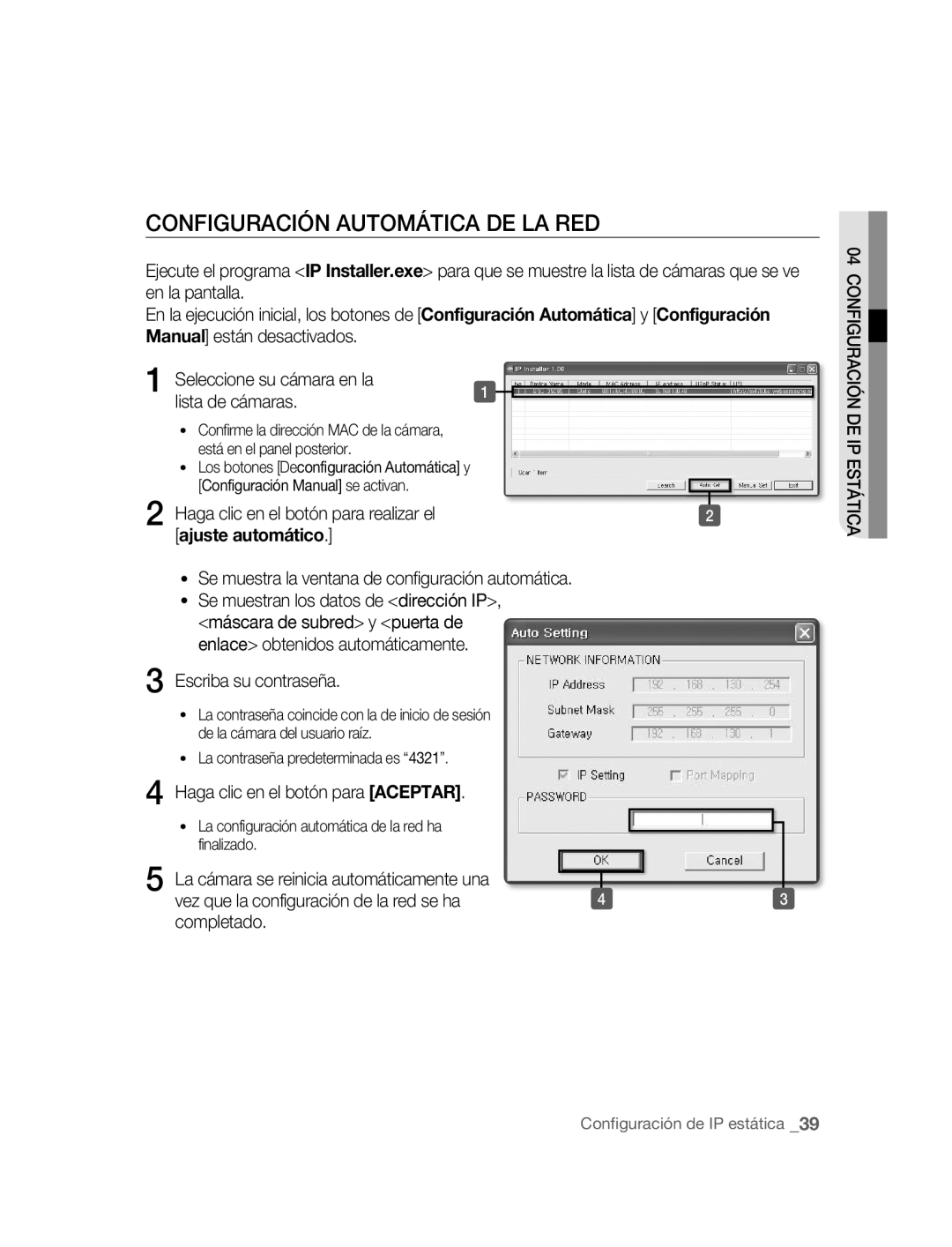 Samsung SNC-B5395P Configuración Automática DE LA RED, Ajuste automático, Haga clic en el botón para Aceptar, Completado 