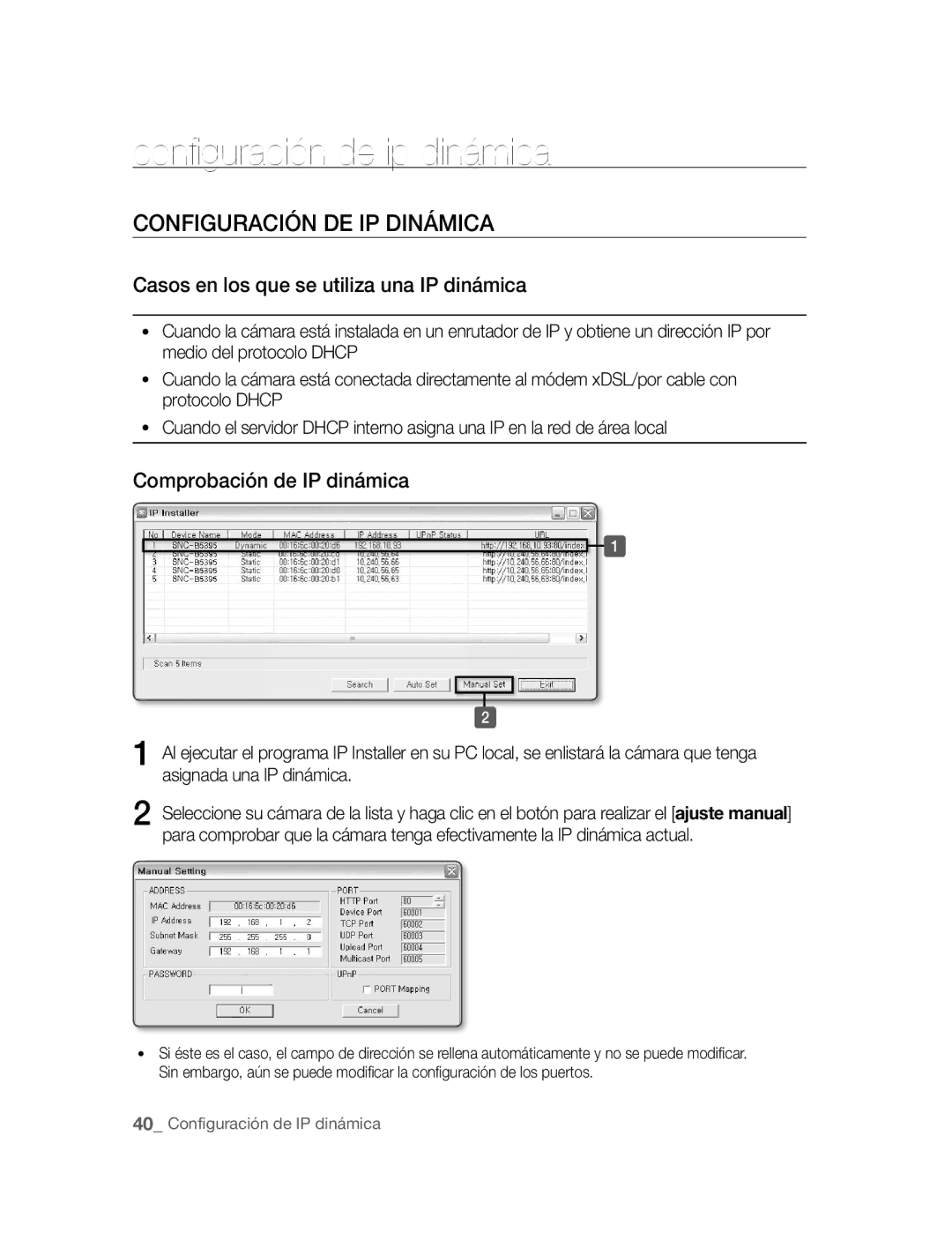 Samsung SNC-B5395P Configuración de ip dinámica, Configuración DE IP Dinámica, Casos en los que se utiliza una IP dinámica 