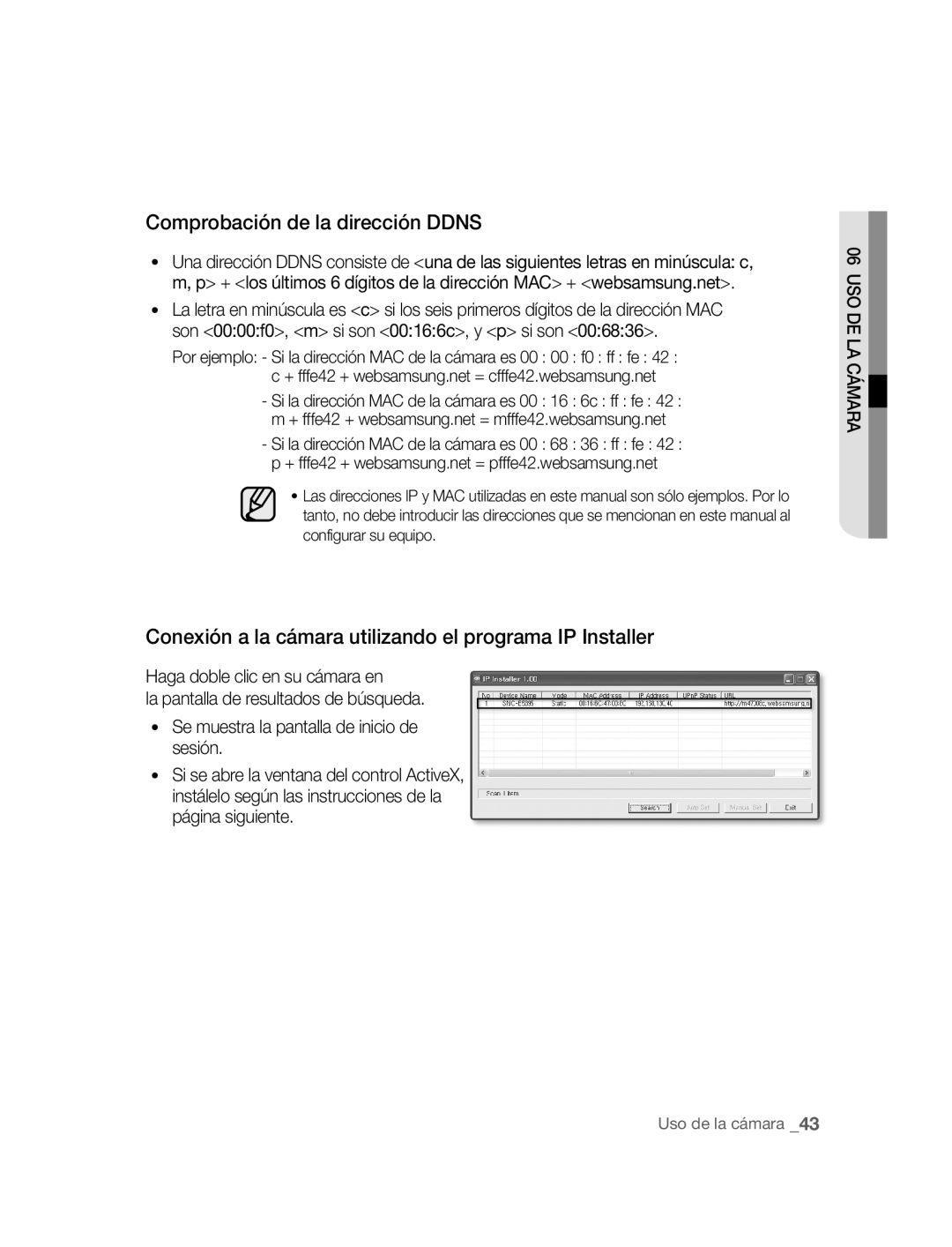 Samsung SNC-B5395P manual Comprobación de la dirección Ddns, Conexión a la cámara utilizando el programa IP Installer 