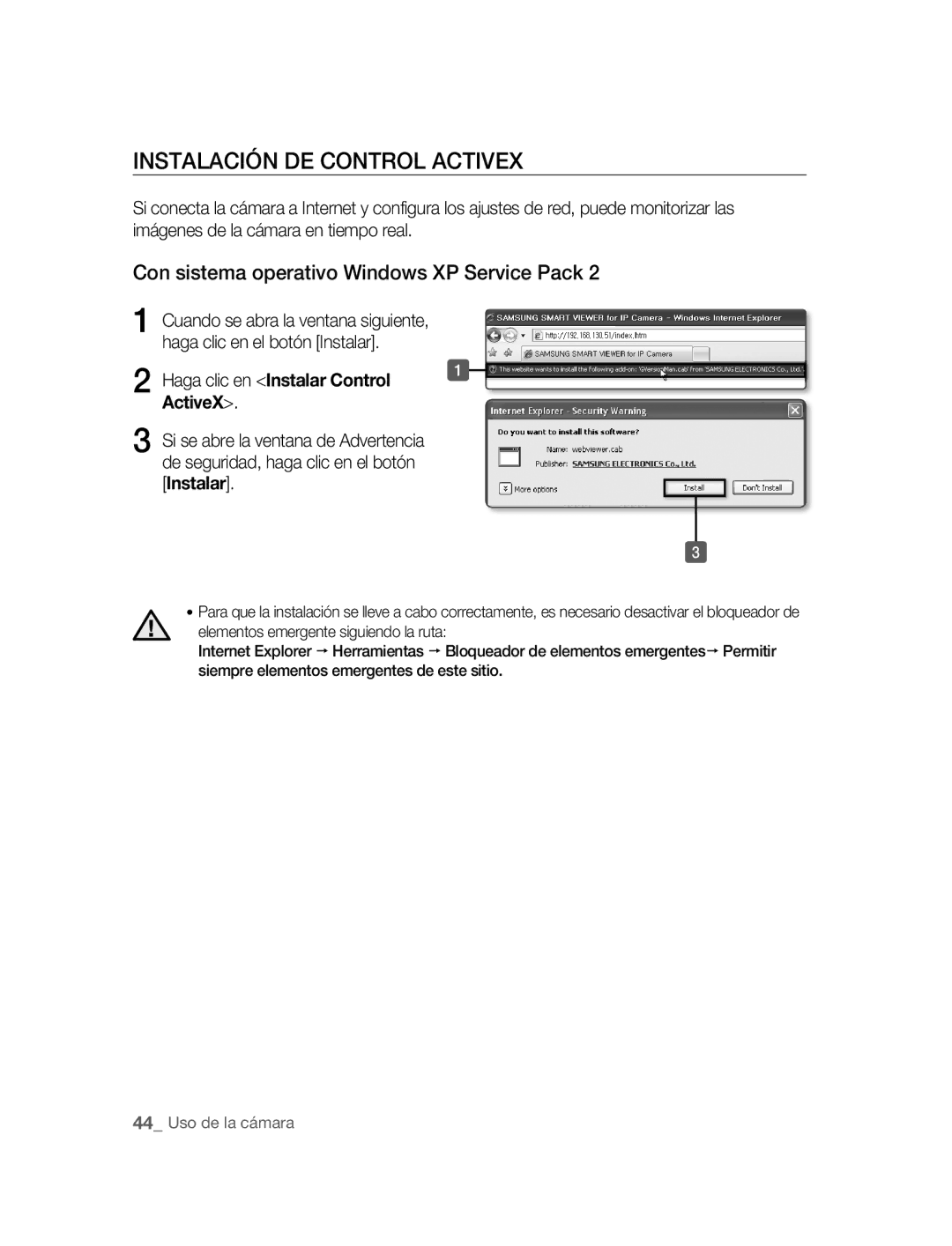 Samsung SNC-B5395P manual Instalación DE Control Activex, Con sistema operativo Windows XP Service Pack 