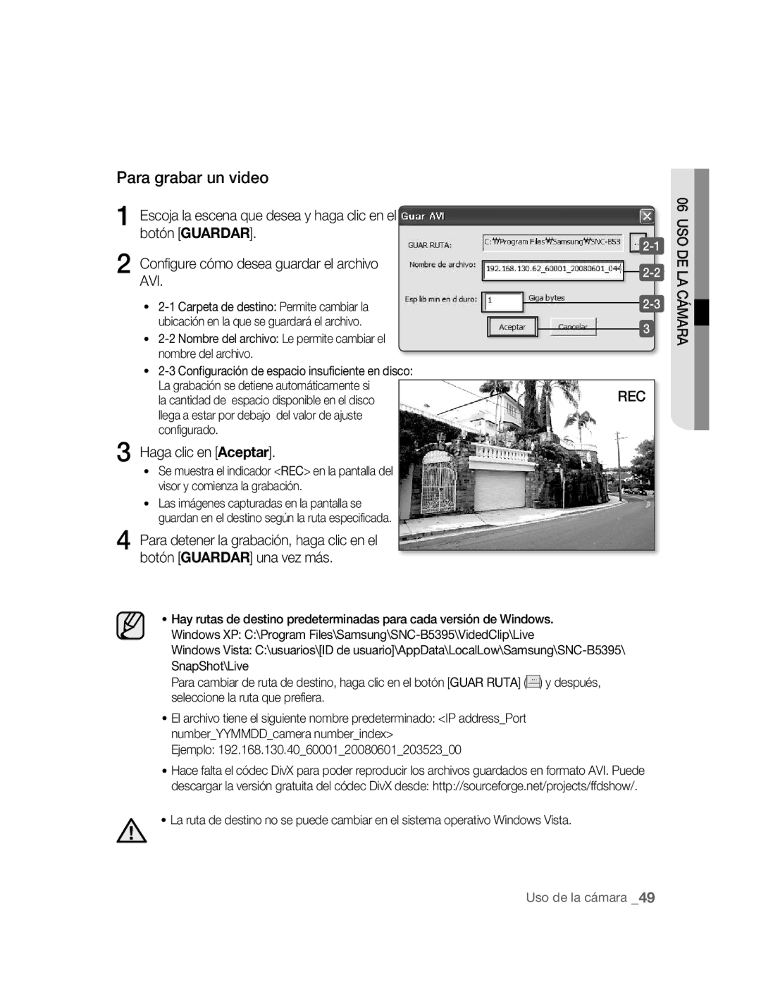 Samsung SNC-B5395P manual Para grabar un video, Avi 