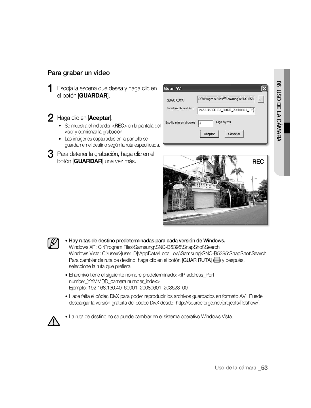 Samsung SNC-B5395P manual Para grabar un video 