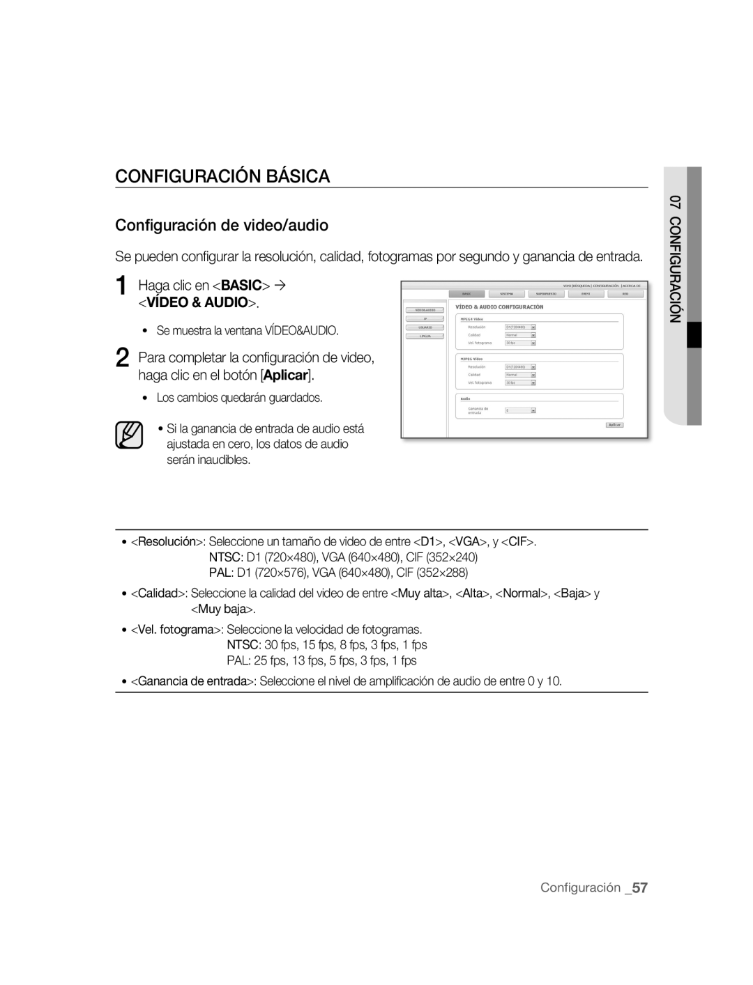 Samsung SNC-B5395P manual Configuración Básica, Configuración de video/audio, Haga clic en Basic ´ Vídeo & Audio 