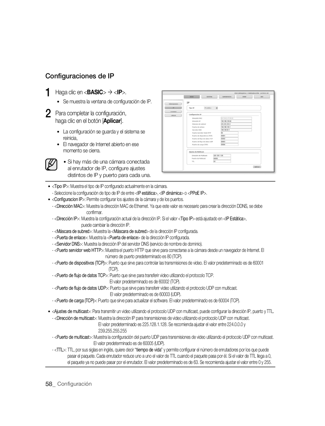 Samsung SNC-B5395P manual Configuraciones de IP, Haga clic en Basic ´ IP, Se muestra la ventana de configuración de IP 