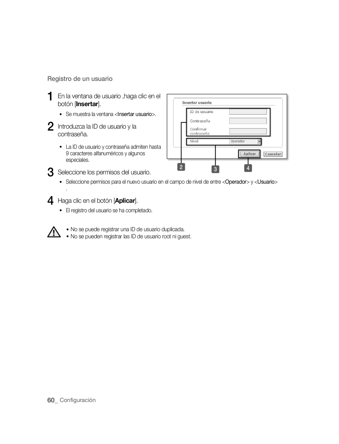 Samsung SNC-B5395P En la ventana de usuario ,haga clic en el botón Insertar, Introduzca la ID de usuario y la contraseña 