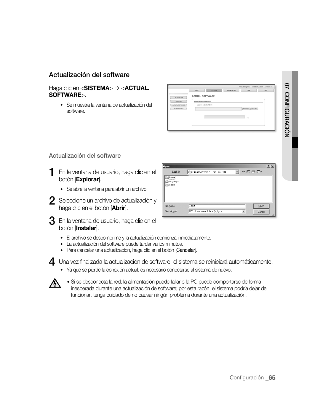 Samsung SNC-B5395P manual Actualización del software, Haga clic en Sistema ´ Actual, Software 