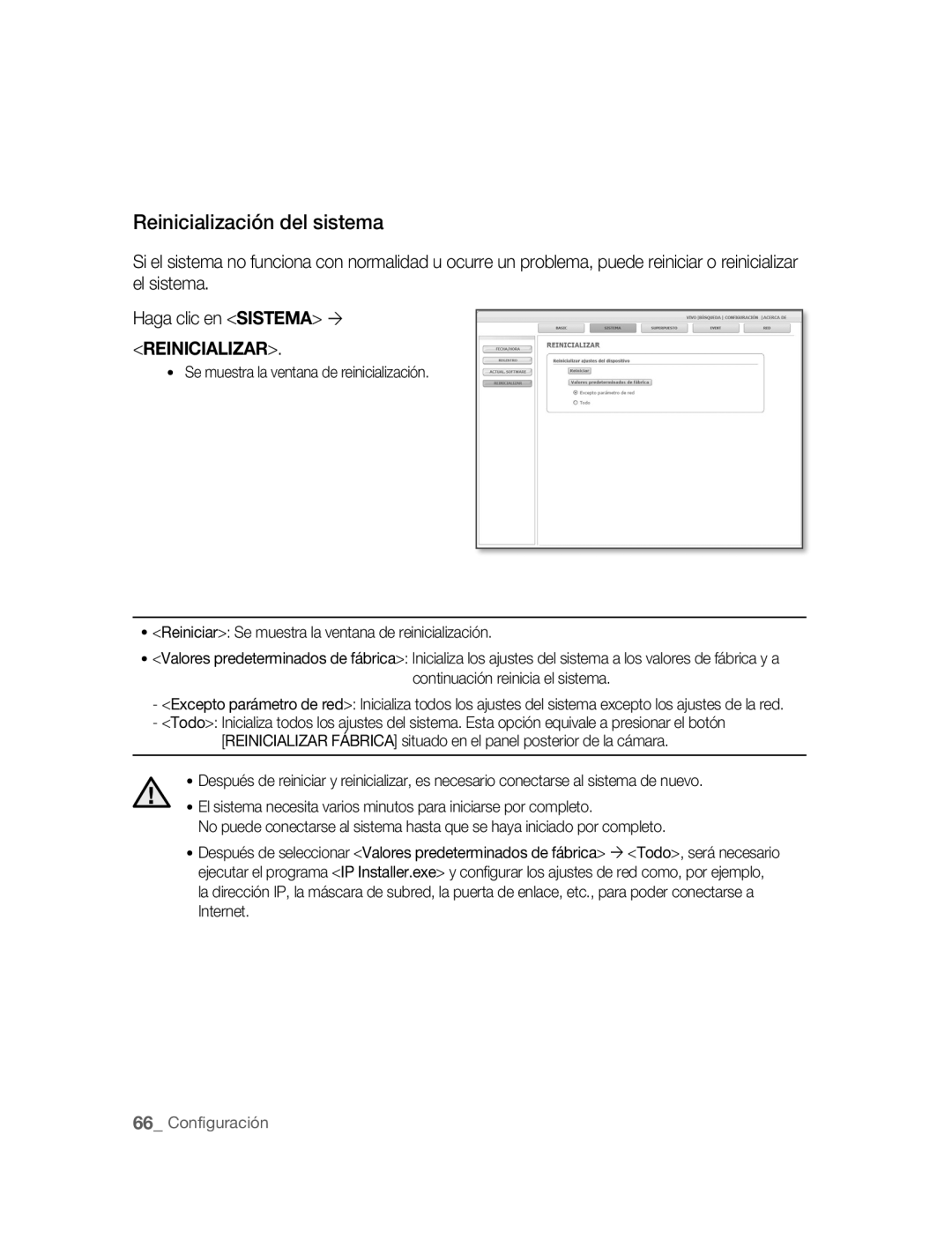 Samsung SNC-B5395P manual Reinicialización del sistema, Reinicializar 