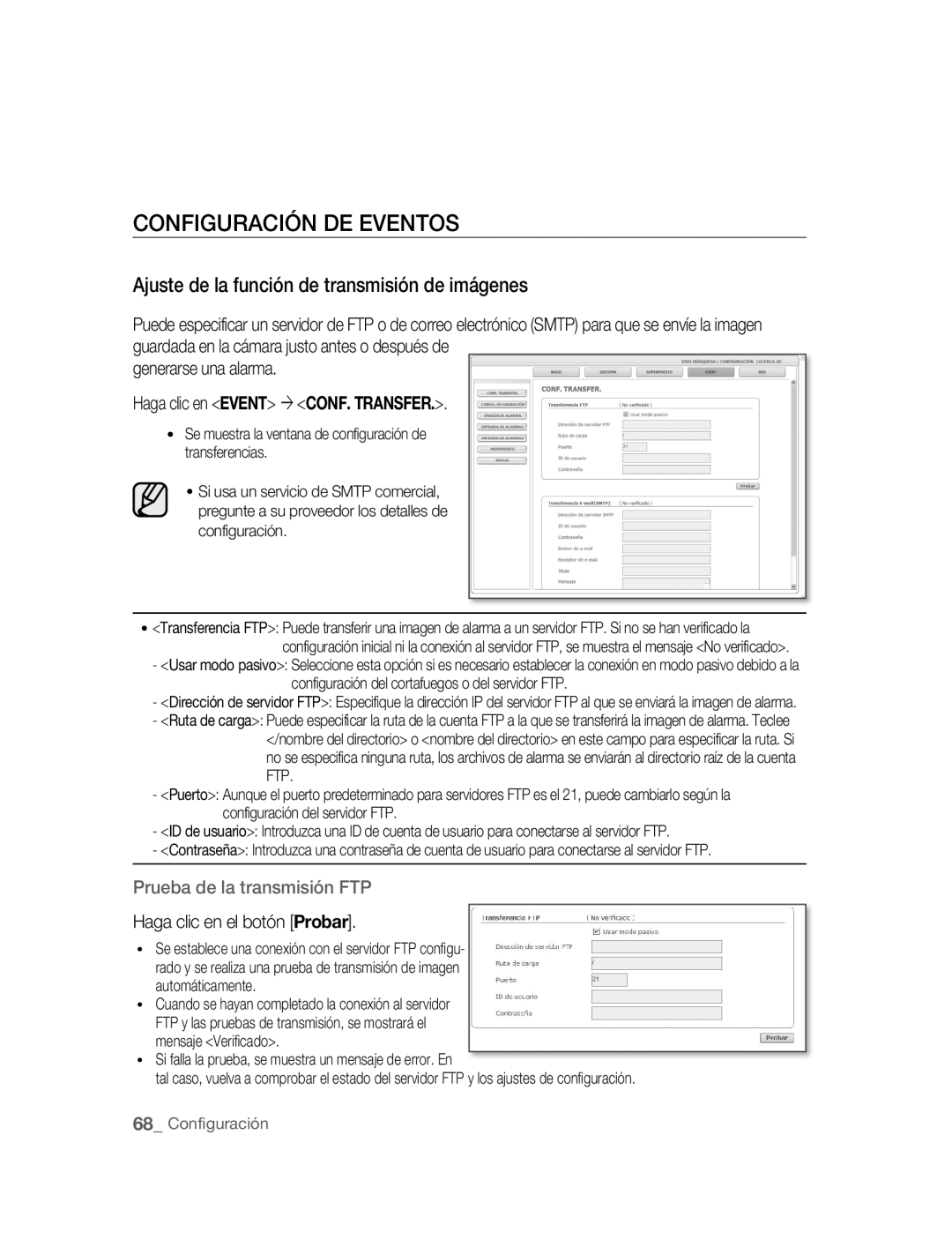 Samsung SNC-B5395P Configuración DE Eventos, Ajuste de la función de transmisión de imágenes, Haga clic en el botón Probar 