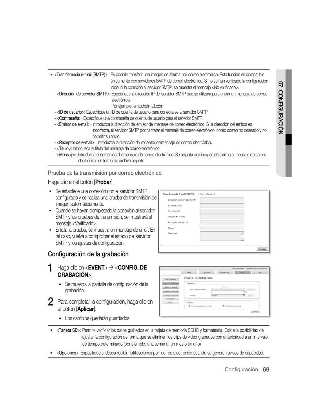 Samsung SNC-B5395P manual Configuración de la grabación, Haga clic en Event ´ CONFIG. DE Grabación 