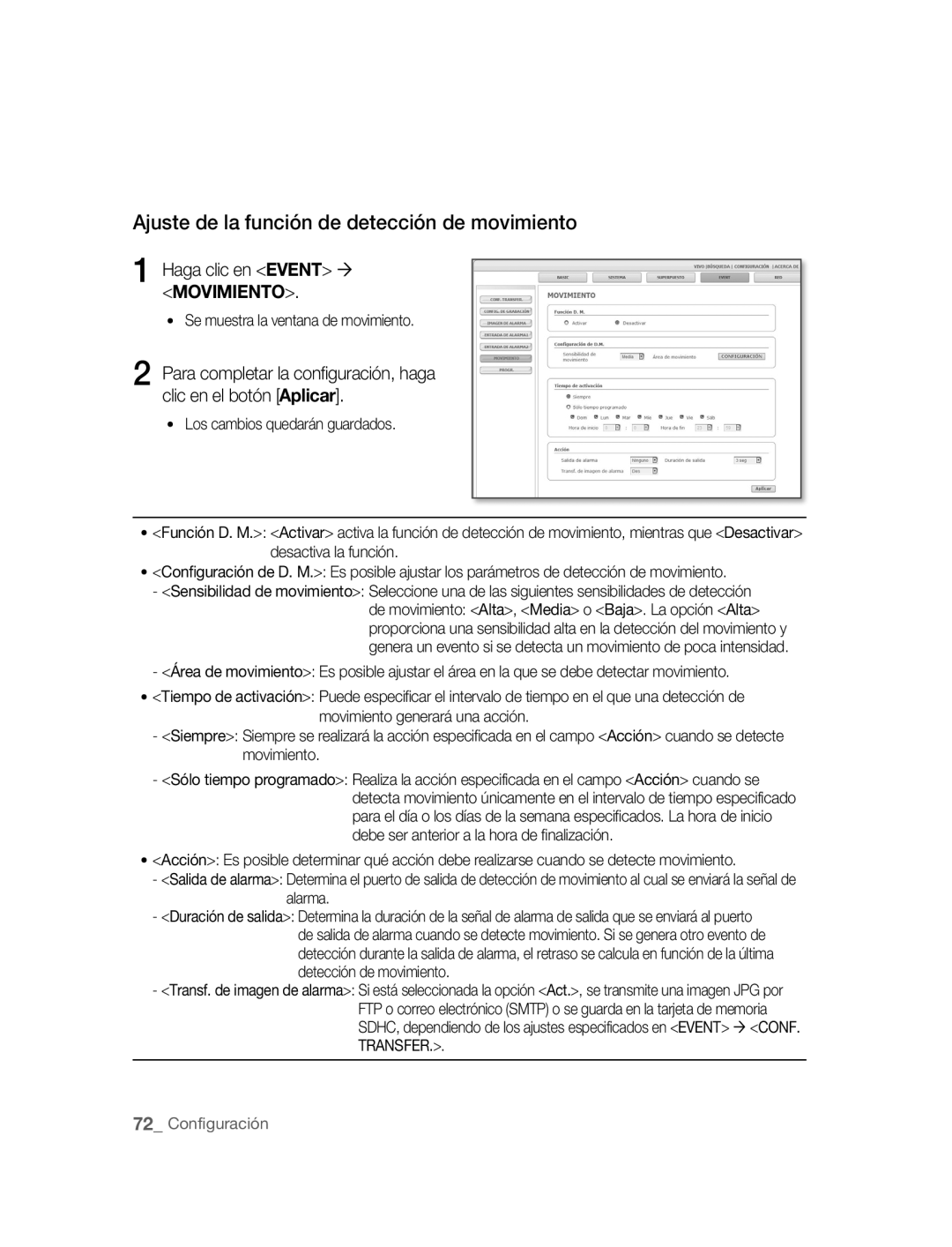 Samsung SNC-B5395P manual Ajuste de la función de detección de movimiento, Haga clic en Event Movimiento 